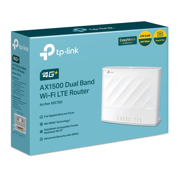 TP-Link Archer MX700 4G+ AX1500 Dual Band Wi-Fi LTE Router with Cat6 300 Mbps 4G+, AX1500 dual-band, nano SIM, 1xWAN/LAN + 3xLAN, and external antenna