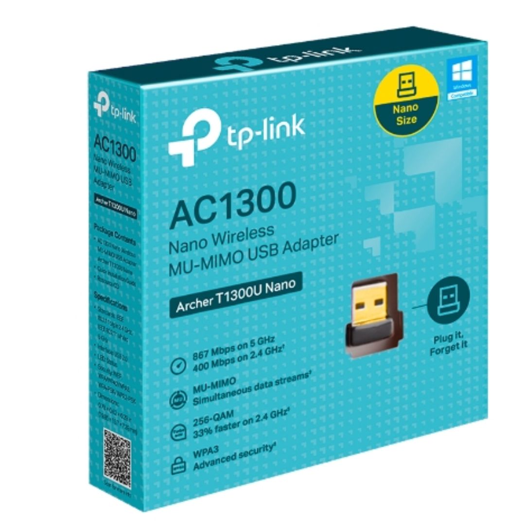 TP-Link Archer T1300U Nano AC1300 Nano Wireless MU-MIMO USB Adapter, 1201 Mbps at 5 GHz + 574 Mbps at 2.4 GHz, 5G NR 4.67Gbps/1.25Gbps, LTE support C