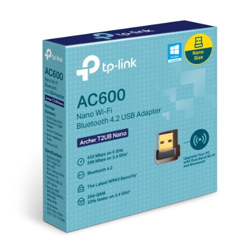 TP-Link AC600 Nano Wi-Fi Bluetooth 4.2 USB Adapter, Dual Band, Wireless, Bluetooth 4.2, Miniature Design, Easy Setup, WPA3 Security, Supports Windows, Archer T2UB Nano