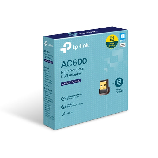 TP-Link Archer T2U Nano AC600 Nano Dual Band Wi-Fi USB Adapter, 433 Mbps at 5 GHz + 200 Mbps at 2.4 GHz, USB 2.0