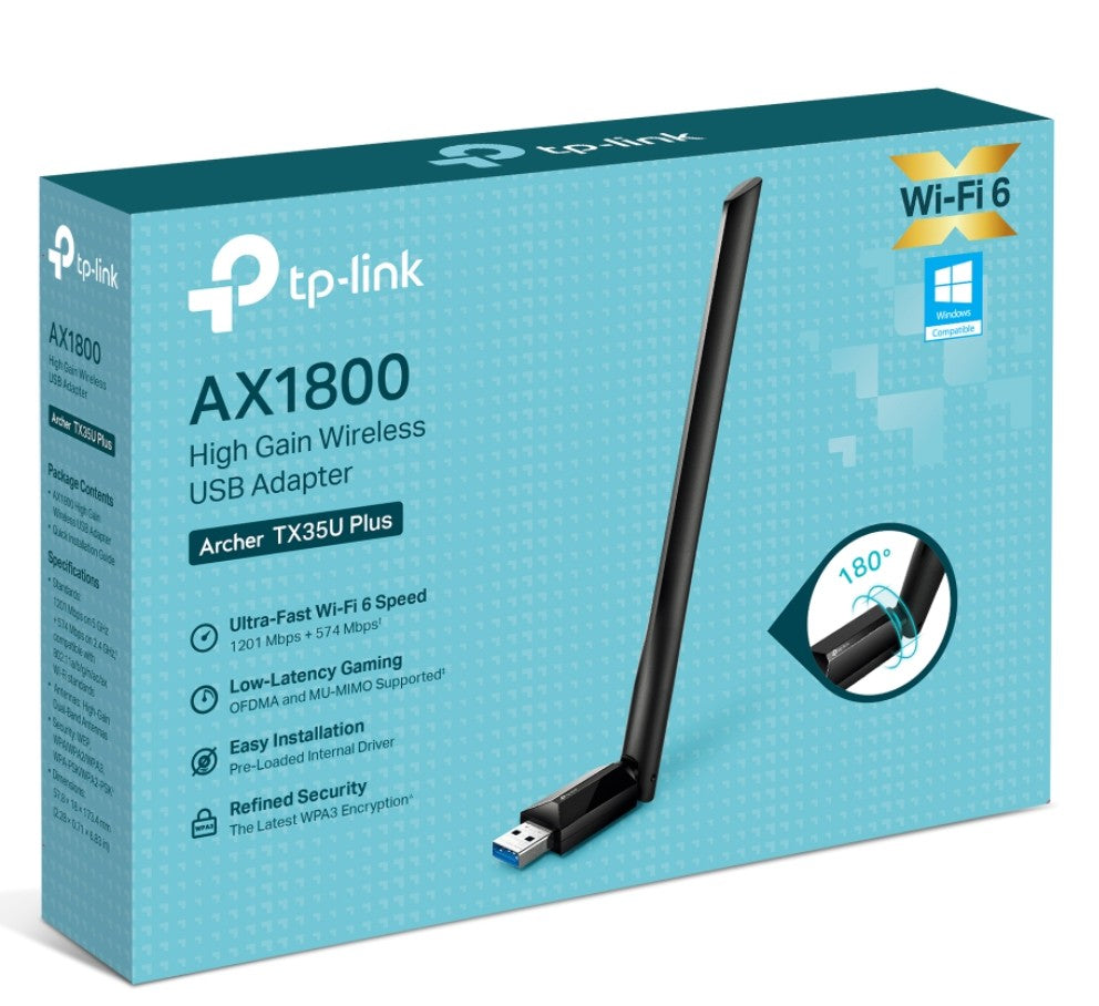 TP-Link Archer TX35U Plus AX1800 High Gain Wireless USB Adapter, 1201 Mbps at 5 GHz + 574 Mbps at 2.4 GHz, 1x High Gain External Antenna, USB 3.0 FEA