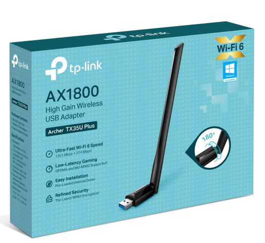 TP-Link Archer TX35U Plus AX1800 High Gain Wireless USB Adapter, 1201 Mbps at 5 GHz + 574 Mbps at 2.4 GHz, 1x High Gain External Antenna, USB 3.0 FEA