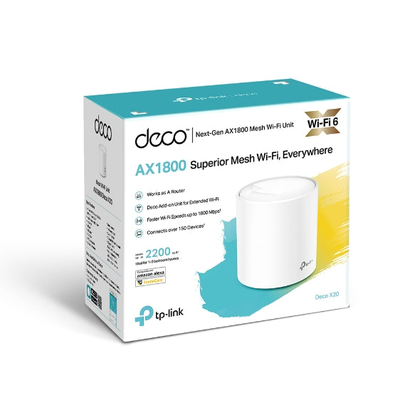 TP-Link Deco X20 (1-pack)AX1800 Whole Home Mesh Wi-Fi 6 System, Up To 200 sqm Coverage, WIFI6, 1201Mbps @ 5Ghz, 574Mbps @ 2.4 GHz OFDMA, MU-MIMO (WIFI, Deco X20(1-pack)