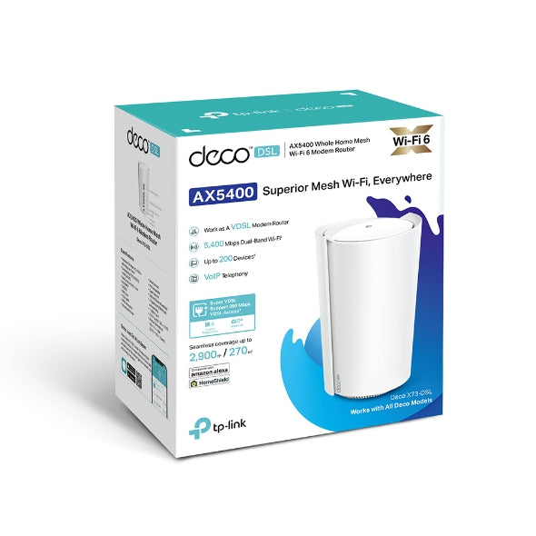 TP-Link Deco X73-DSL AX5400 VDSL Whole Home Mesh Wi-Fi 6 System, 270sqm Coverage For 1-3 Bedroom Houses, Dual-Band, OFDMA, MU-MIMO, Beamforming, Deco X73-DSL(1-pack)