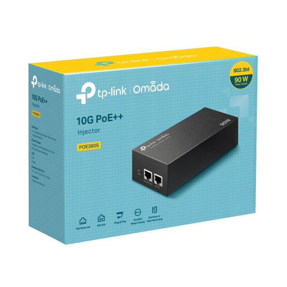 TP-Link POE380S Omada 10G PoE++ Injector PORT: 1x 10Gbps PoE Port, 1x 10Gbps Non-PoE Port, SPEC: 802.3bt/at/af Compliant, 90 W PoE Power, Data and Pow