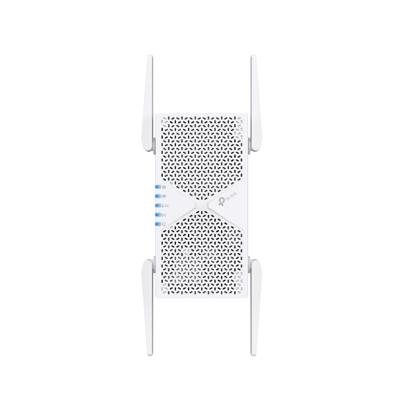 TP-Link RE405BE BE6500 Dual-Band Wi-Fi 7 Range Extender with BE6500 speeds, MLO, 160MHz, 4x antennas, EasyMesh, and 2.5G Ethernet port