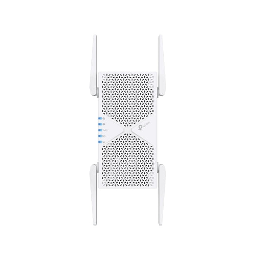 TP-Link RE405BE BE6500 Dual-Band Wi-Fi 7 Range Extender with BE6500 speeds, MLO, 160MHz, 4x antennas, EasyMesh, and 2.5G Ethernet port