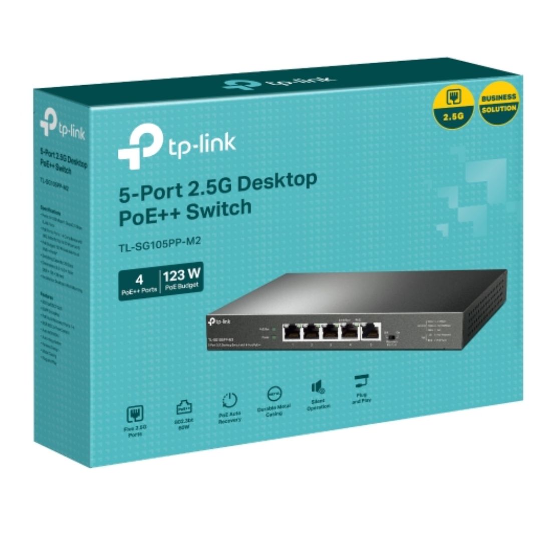 TP-Link TL-SG105PP-M2 5-Port 2.5G Desktop Switch with 4-Port PoE++, 4x 2.5G PoE++ Ports, 1x 2.5G Non-PoE Port, PoE Auto Recovery for Port1-4, Plug and