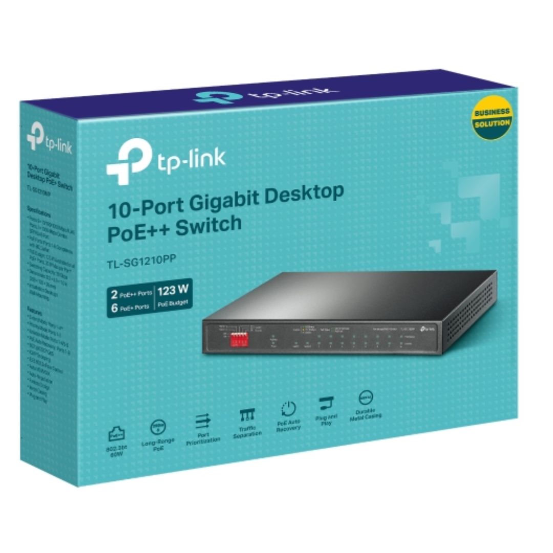 TP-Link TL-SG1210PP 10-Port Gigabit Desktop Switch with 6-Port PoE+ and 2-Port PoE++ , 9x 10/100/1000Mbps RJ45 Ports, 1x 1000Mbps Combo SFP/RJ45 Port