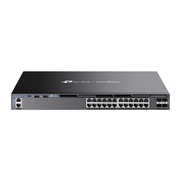 TP-Link SG6428X Omada 24-Port Gigabit Stackable L3 Managed Switch with 4 10GE SFP+ Slots, 24x Gigabit RJ45 Ports, 4x 10G SFP+ Slots, RJ45/Type C USB C