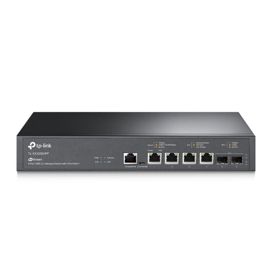 TP-Link SX3206HPP Omada JetStream 6-Port 10GE L2+ Managed Switch with 4-Port PoE++, 4x 10G PoE++ Ports, 2x 10G SFP+ Slots, RJ45/Micro-USB Console Port