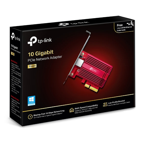 TP-Link TX401 10G 10 Gigabit PCI Express Network Adapter Low-Profile & Full-Height Brackets 1x PCI Express 3.0 x4, 1x RJ45 Gigabit/Megabit Port (NIC)