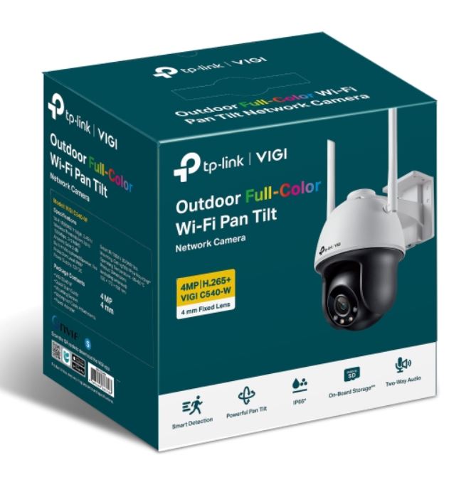 TP-Link VIGI 4MP C540-W(4mm) Outdoor Full-Colour Wi-Fi Pan Tilt Network Camera, 4mm Lens, Smart Detection,3YW, VIGI C540-W(4mm)