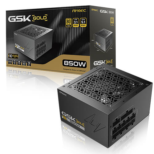 Antec GSK850 V2: ATX12V 3.1, 850W, Full-Modular, 80+ Gold, 120mm fan, 24-pin, 12V-2x6, 2xCPU, 4xPCI-E, 8xSATA, 4xMolex, 140x150x86mm, 10Y warranty, GSK850 V2 AU
