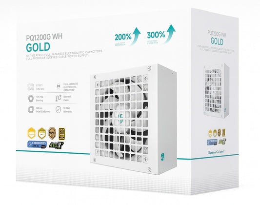 DeepCool PQ1200G WH 1200W Gamer Storm 80+ Gold/Cybenetics Fully Modular ATX Power Supply 120mm Fan, Japanese Capacitors, DC to DC, ATX12V V3.1,, R-PQC00G-FD1W-JGAU-V1