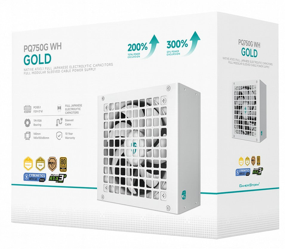 DeepCool PQ750G WH 750W Gamer Storm 80+ Gold/Cybenetics Fully Modular ATX Power Supply 120mm Fan, Japanese Capacitors, DC to DC, ATX12V V3.1, R-PQ750G-FD1W-JGAU-V1