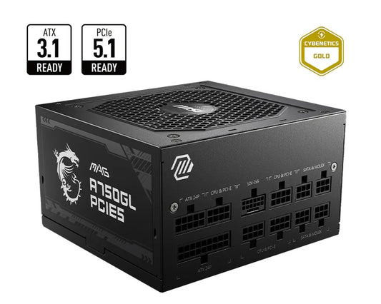 MSI MAG A750GL PCIE5 II Bulk - 750W ATX 3.1, 80+ Gold, full modular, PCIe 5.0 16-pin, 3x PCIe 6+2, 8x SATA, FDB fan, OCP/OVP/OPP/OTP/SCP/UVP, 120mm