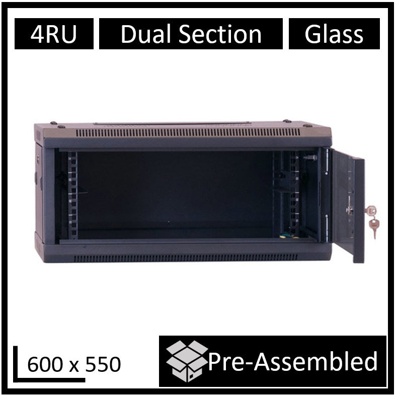 LDR Assembled 4U Hinged Wall Mount Cabinet (600mm x 550mm) Glass Door - Black Metal Construction - Top Fan Vents - Side Access Panels, WB-DS65040NB