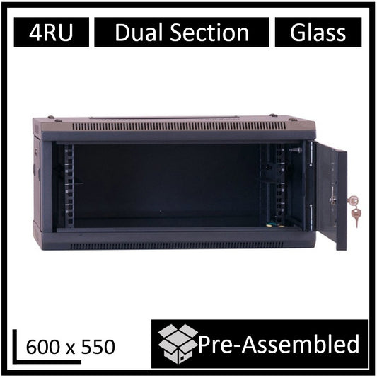 LDR Assembled 4U Hinged Wall Mount Cabinet (600mm x 550mm) Glass Door - Black Metal Construction - Top Fan Vents - Side Access Panels, WB-DS65040NB