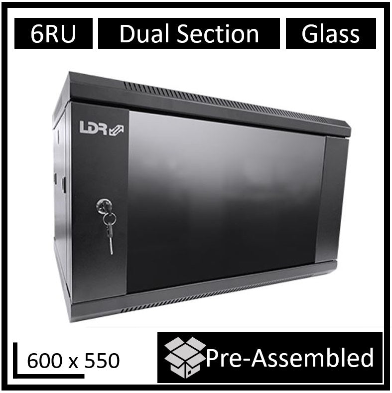 LDR Assembled 6U Hinged Wall Mount Cabinet (600mm x 550mm) Glass Door - Black Metal Construction - Top Fan Vents - Side Access Panels, WB-DS65060NB
