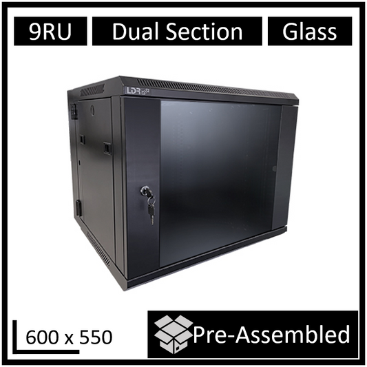 LDR Assembled 9U Hinged Wall Mount Cabinet (600mm x 550mm) Glass Door - Black Metal Construction - Top Fan Vents - Side Access Panels, WB-DS65090NB