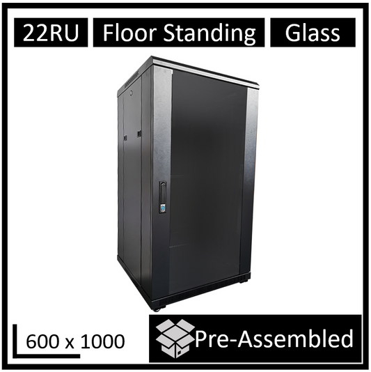 LDR Assembled 22U Server Rack Cabinet (L600mm x W1000mm x H1070mm), Glass Door,1x 8-Port PDU, 1x 4-Way Fan, 2x Fixed Shelves -Black Metal Construction, WB-NC602215B