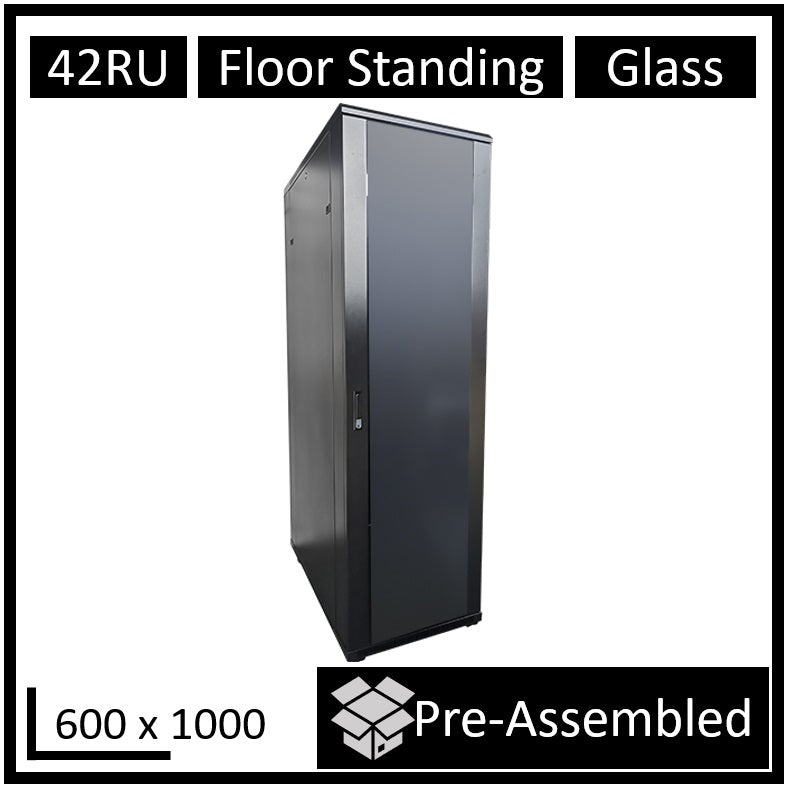LDR Assembled 42U Server Rack Cabinet (600mm x 1000mm) Glass Door, 1x 8-Port PDU, 1x 4-Way Fan, 2x Fixed Shelves - Black Metal Construction, WB-NC604215B