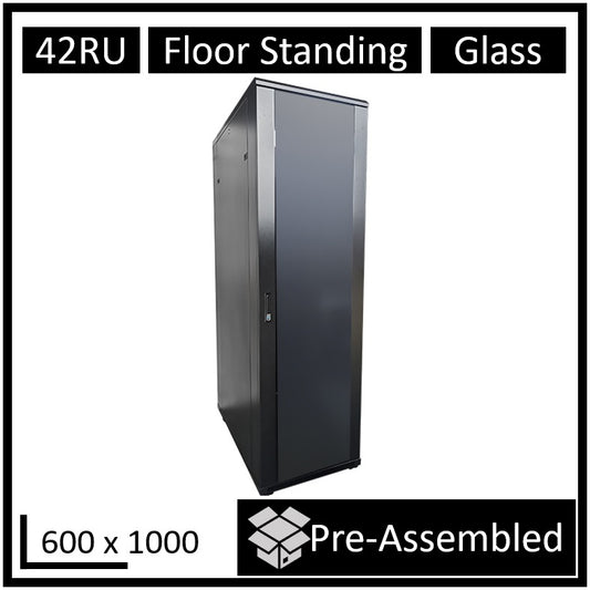 LDR Assembled 42U Server Rack Cabinet (600mm x 1000mm) Glass Door, 1x 8-Port PDU, 1x 4-Way Fan, 2x Fixed Shelves - Black Metal Construction, WB-NC604215B