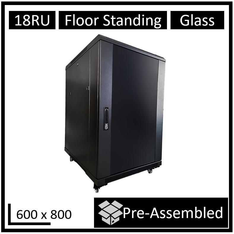 LDR Assembled 18U Server Rack Cabinet (600mm x 800mm) Glass Door, 1x 8-Port PDU, 1x 4-Way Fan, 2x Fixed Shelves - Black Metal Construction, WB-NC681815B