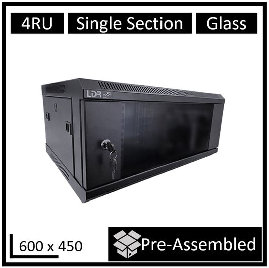 LDR Assembled 4U Wall Mount Cabinet (600mm x 450mm) Glass Door - Black Metal Construction - Top Fan Vents - Side Access Panels, WB-SS64040NB
