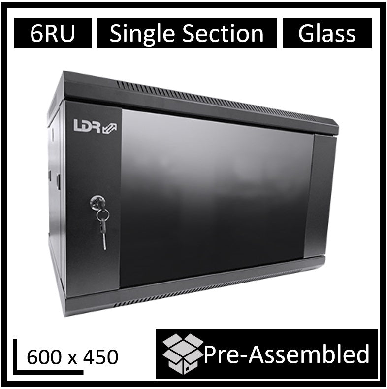 LDR Assembled 6U Wall Mount Cabinet (600mm x 450mm) Glass Door - Black Metal Construction - Top Fan Vents - Side Access Panels, WB-SS64060NB