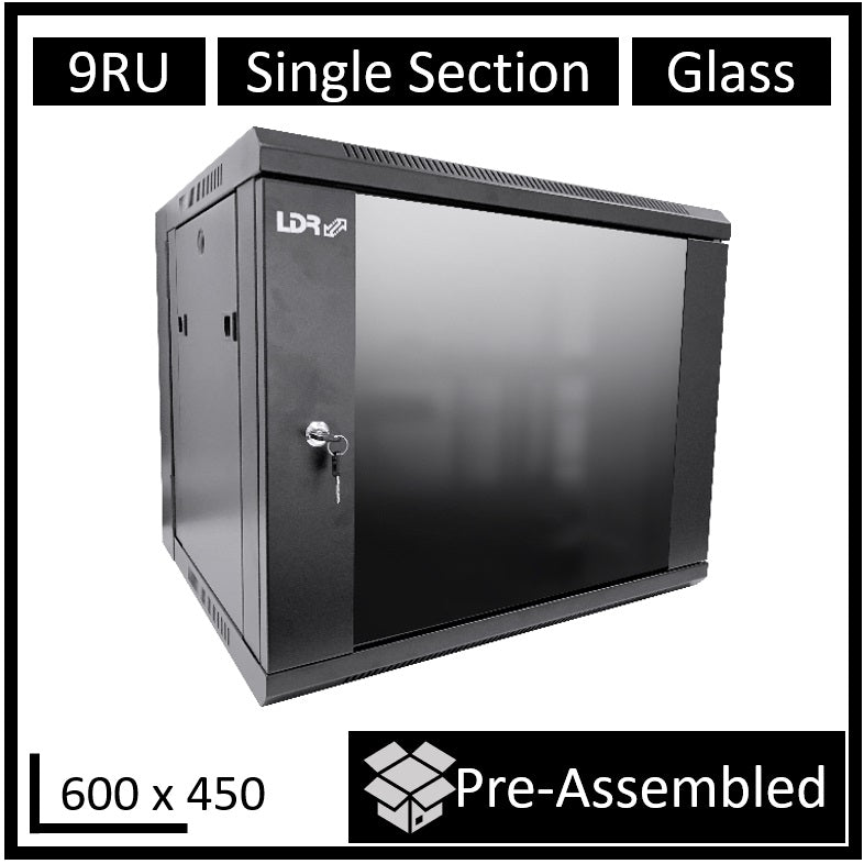 LDR Assembled 9U Wall Mount Cabinet (600mm x 450mm) Glass Door - Black Metal Construction - Top Fan Vents - Side Access Panels, WB-SS64090NB