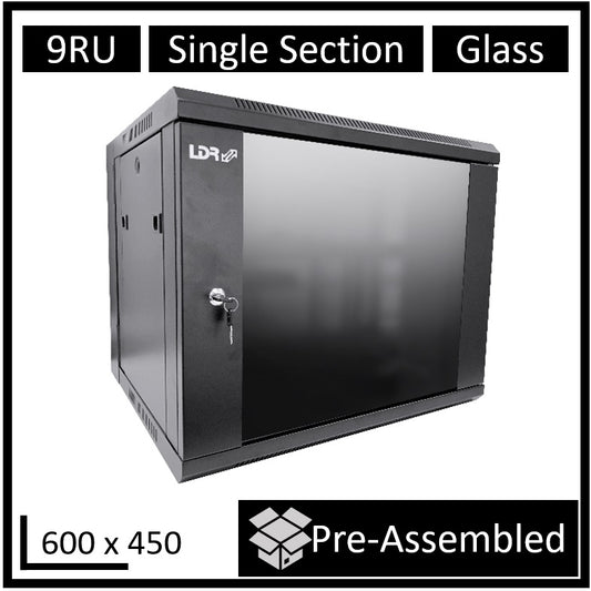 LDR Assembled 9U Wall Mount Cabinet (600mm x 450mm) Glass Door - Black Metal Construction - Top Fan Vents - Side Access Panels, WB-SS64090NB