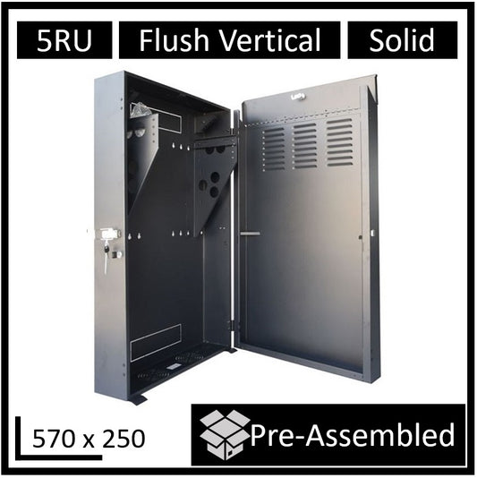 LDR Assembled 5U Flush Wall Mount Vertical Cabinet (570mm x 250mm) - 4U Rack For Gear & 2U Mount For Patch Panels - Black Metal Construction, WB-FT