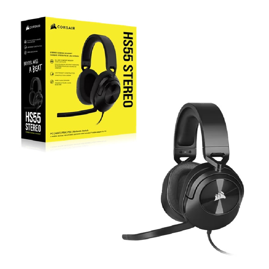 Corsair HS55 STEREO Wired Gaming Headset - Carbon, 50mm drivers, 20Hz-20kHz, wired 3.5mm stereo, multi-platform support (PC/PS/Xbox/Switch/mobile), CA-9011260-AP