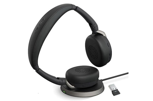 Jabra Evolve2 65 Flex MS Stereo Bluetooth Headset, Link380a USB-A Dongle & Wireless Charging Stand Foldable Design, 2Yr Warranty, 30m Wireless Range, 26699-999-989