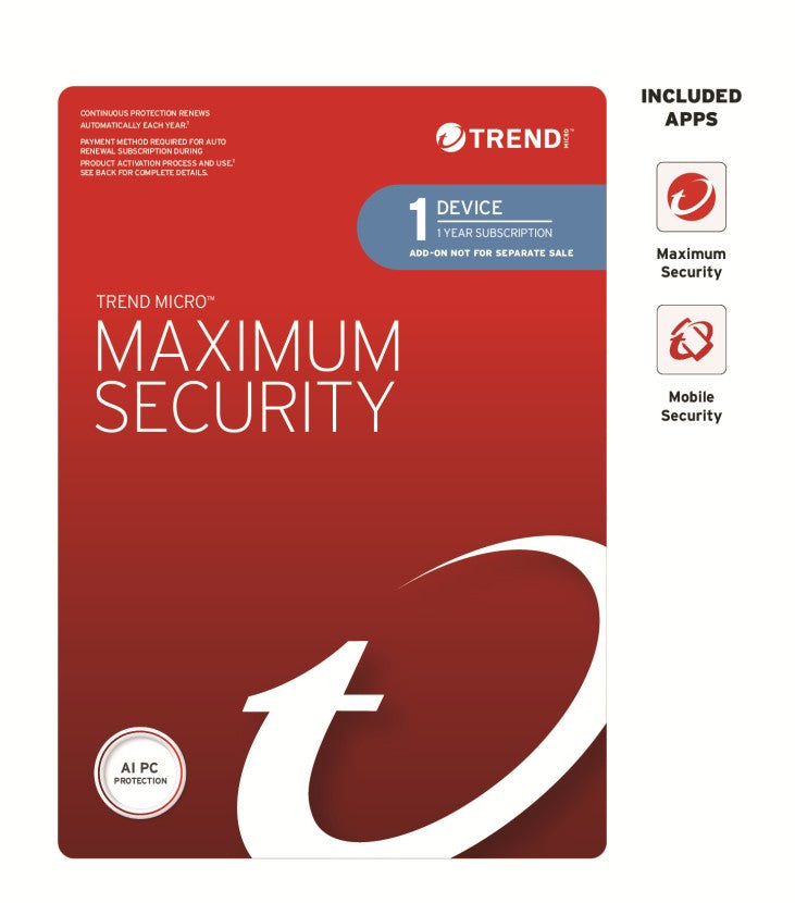 Trend Micro Maximum Security (1 Device) 1 Year Add-on Auto Renew OEM, TICEWWMGXY311B