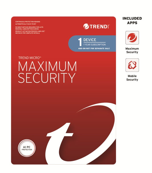Trend Micro Maximum Security (1 Device) 1 Year Add-on Auto Renew OEM, TICEWWMGXY311B