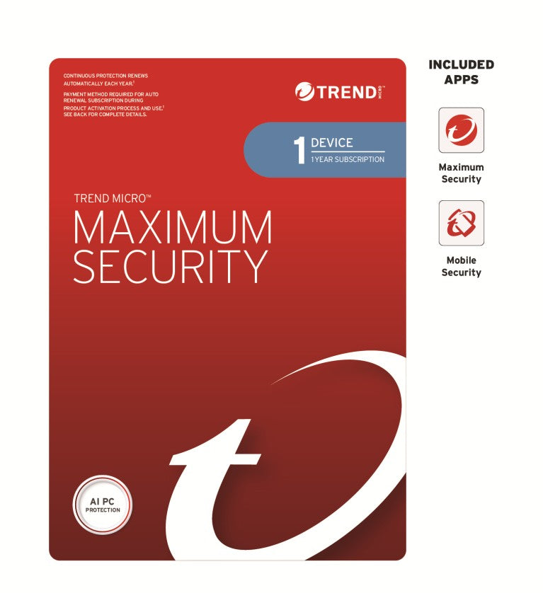 Trend Micro Maximum Security (1 Device) 1 Year Retail Mini Box Auto Renew, TICEWWMFXSCWEW