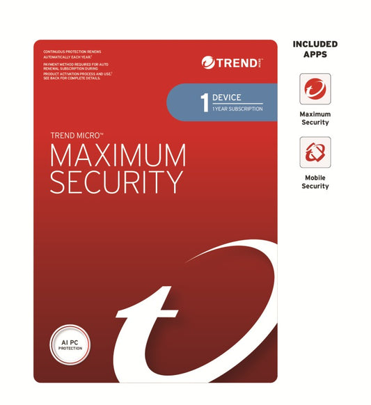 Trend Micro Maximum Security (1 Device) 1 Year Retail Mini Box Auto Renew, TICEWWMFXSCWEW