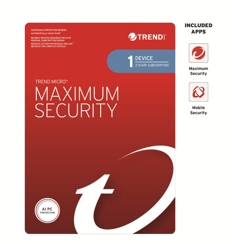 Trend Micro Maximum Security (1 Device) 2 Year Retail Mini Box Auto Renew, TICEWWMFXSCWFW