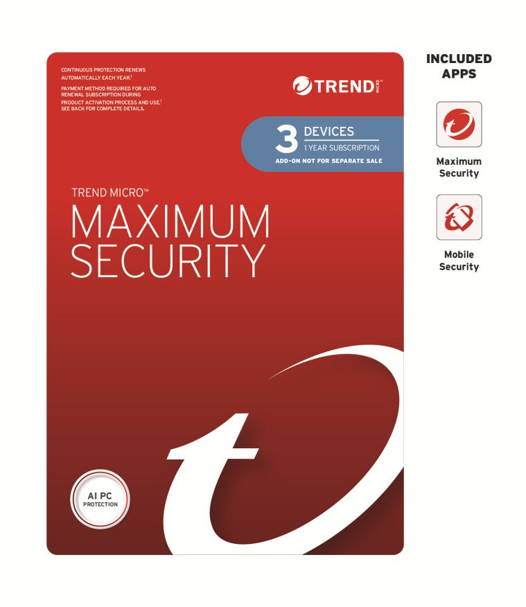Trend Micro Maximum Security (3 Devices) 1 Year Add-on Auto Renew OEM, TICEWWMGXY331B