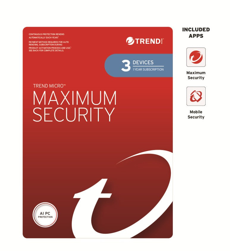 Trend Micro Maximum Security (3 Devices) 1 Year Retail Mini Box Auto Renew, TICEWWMFXSCXEW