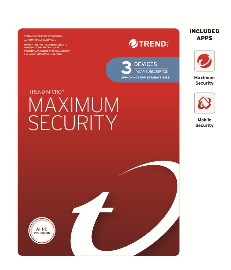 Trend Micro Maximum Security Plus (3 Devices) 1 Year Add-on Auto Renew OEM (Plus = Secure VPN / Cleaner Pro), TICEWWMGXY3P1B