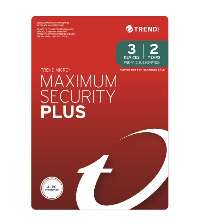 Trend Micro Maximum Security Plus (3 Devices) 2 Year Add-on Auto Renew OEM (Plus = Secure VPN / Cleaner Pro), TICEWWMGXSBX2O