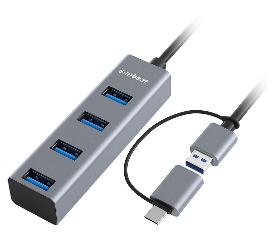 mbeat 4-Port USB 3.0 Hub with 2-in-1 USB 3.0 & USB-C Converter - Space Grey transfer speeds up to 5Gbps Material: Aluminium Weight: 48g, MB-CU3H-4G