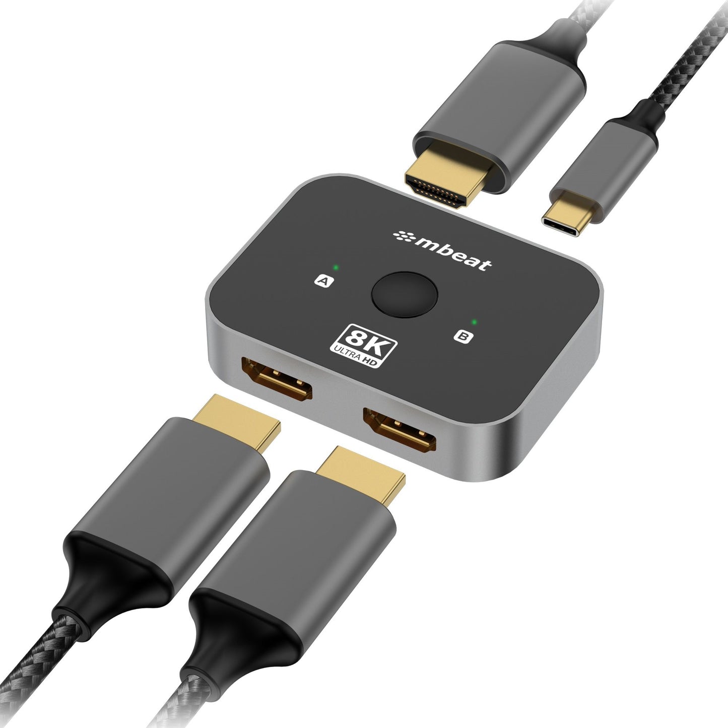 mbeat 8K Bi-directional HDMI 2.1 Switch 2 In 1 Out/1 In 2 Out 8K@60Hz resolution, plug-and-play convenience USB-C power input Maximum 8K/60Hz, MB-HDMI-SW8K21