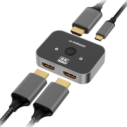 mbeat 8K Bi-directional HDMI 2.1 Switch 2 In 1 Out/1 In 2 Out 8K@60Hz resolution, plug-and-play convenience USB-C power input Maximum 8K/60Hz, MB-HDMI-SW8K21