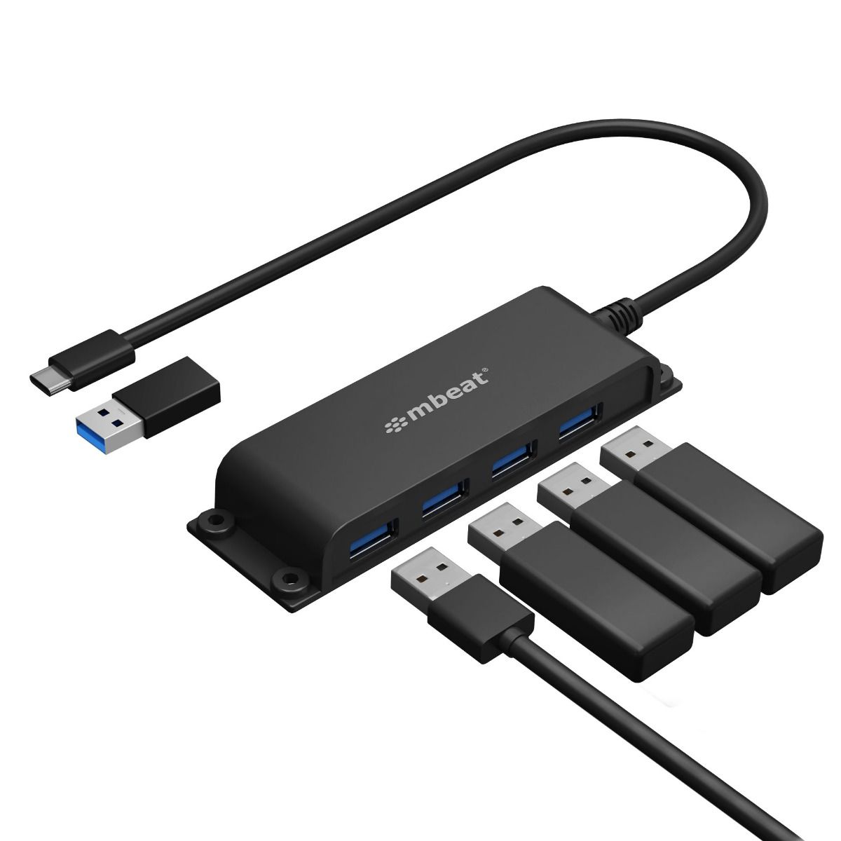 mbeat Mountable 4-Port USB-A & USB-C Adapter Hub - 60cm Data Cable, USB 3.0, 2.0 High-Speed Data Port Expansion, Save Space Mounting Solution, MB-HUB-E04