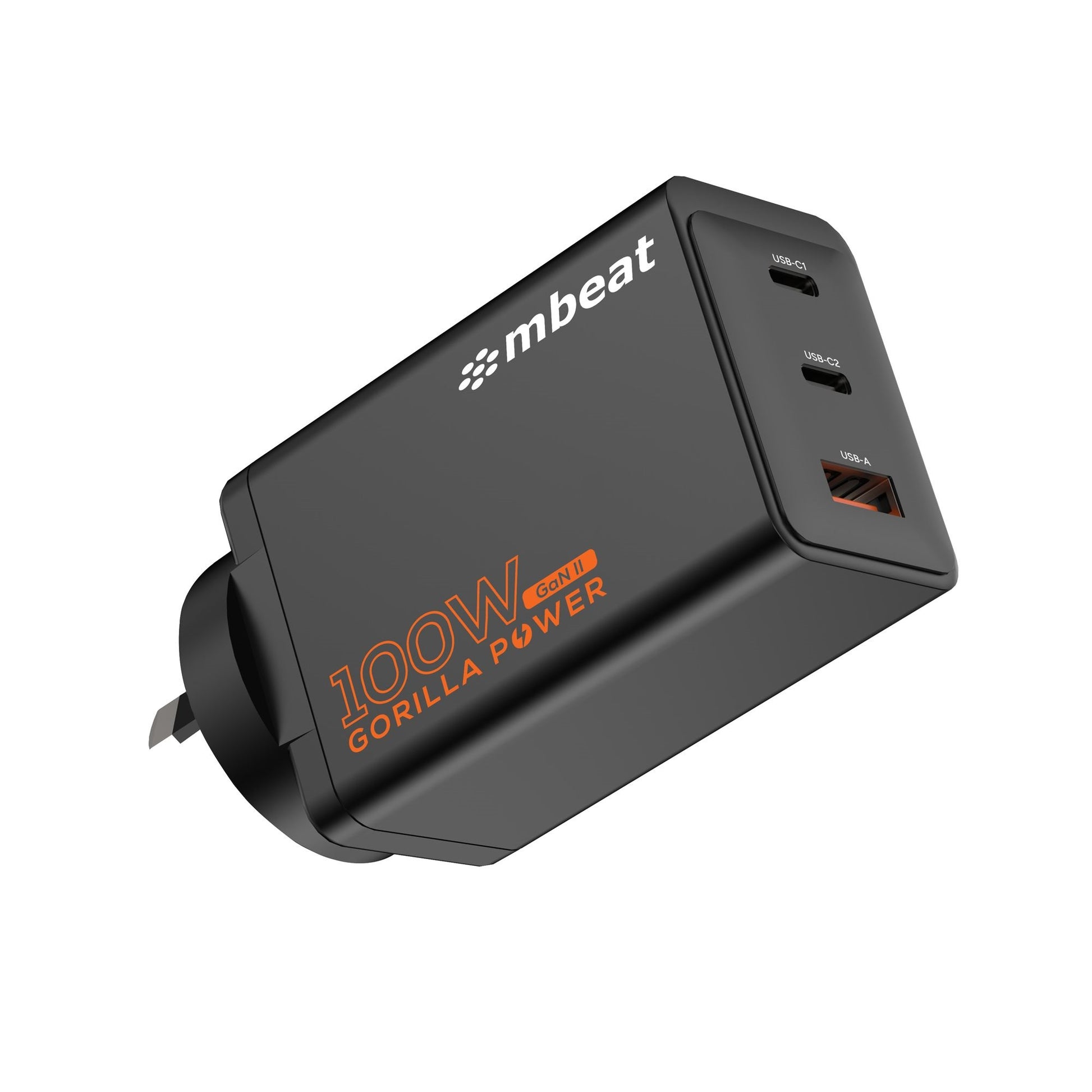 mbeat Gorilla Power PD 100W GaN II USB-C Charger 50% smaller than the standard Supports a wide range of devices Product Weight: 180g, MB-PD100W2CA-K